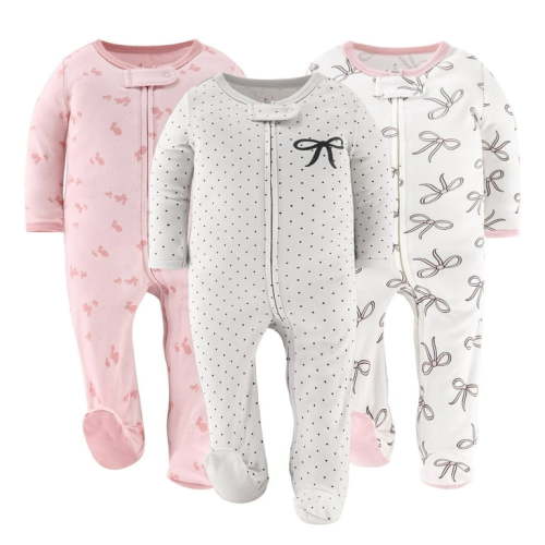 The Peanutshell Baby Sleep n Play Footed Pajamas for Baby Girls, Pink Balletcore, 3 Pack, 0-3 Months
