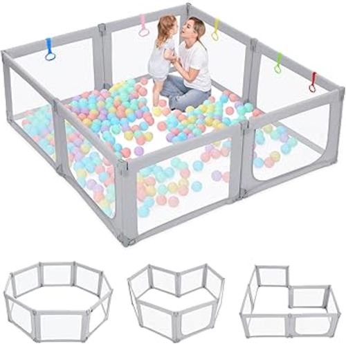 Dripex Foldable Baby Playpen, 71"×69" Play Pens for Babies and Toddlers, Safe Anti-Fall Play Yard with Gates, Baby Fence with Breathable Mesh, Indoor & Outdoor Kids Activity Center, Ash Grey