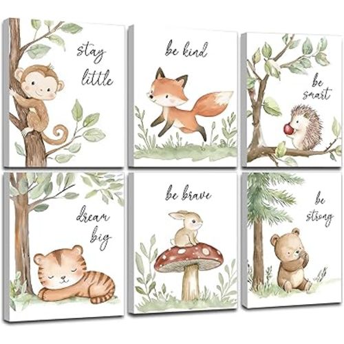 Framed Woodland Nursery Wall Art, Forest Animal Pictures Nursery Wall Decor, Safari Theme Wall Decor for Baby Kids Boy Girl Room (Framed, 8x10inch, Set of 6)