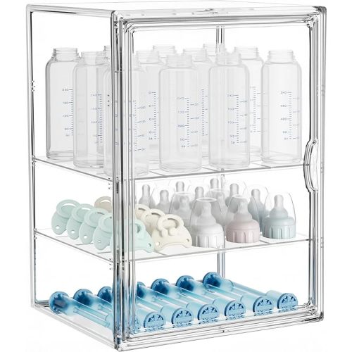 HBlife Baby Bottle Storage Organizer for Countertop Cabinet, 3 Tiers Adjustable Clear Acrylic Bottles Storage Station Case Box Container with 2 Removable Dividers and Magnetic Door, X-Large