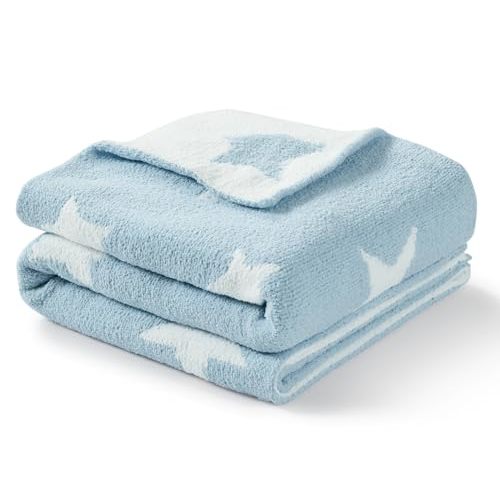 CREVENT 30"X40" Cozy Soft Warm Chenille Baby Blanket for Girls Boys, Newborn Essentials for Infant, Baby Shower Receiving Gift - Blue Star