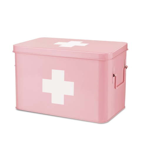First Aid Box Organizer - Empty 13" Pink Vintage First Aid Kit Tin Metal Medical Box - First Aid Storage Box Container Bins with Dividers, Removable Tray and White Cross Logo