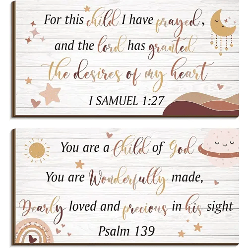 2 Pcs Wood Nursery Wall Decor for Girls Boys Baby Girl Room Decor for Nursery Christian Nursery Wall Art This Child I Have Prayed Bible Quote Wall Hanging Sign for Kids Home 12 x 6 Inch (Cute)