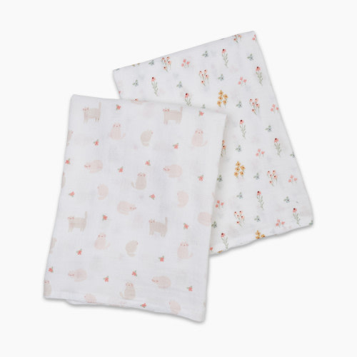 Lulujo Muslin Swaddles (2 Pack) - Kitty Cat/Flower Field, 2