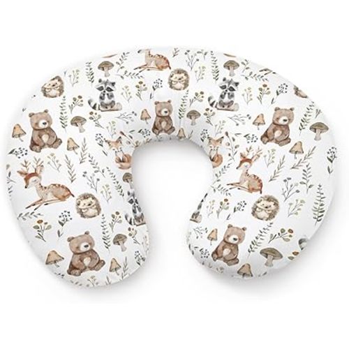 Watercolor Forest Animals Leaves Mushroom Pattern Nursing Pillow Cover, Unisex Bear Deer Hedgehog Raccoon Removable Breastfeeding Pillowcase Slipcover for Baby Girls Boys Newborns Toddlers, Cover Only