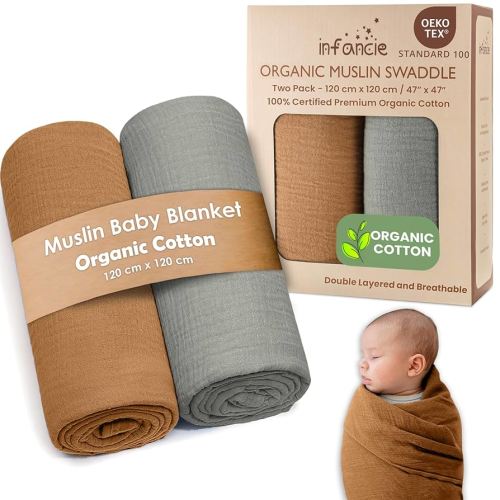Organic Cotton Muslin Baby Blanket - 47x47 Inch Breathable Swaddle, Hypoallergenic Double-Layer, Versatile Use (Gold/Sage)