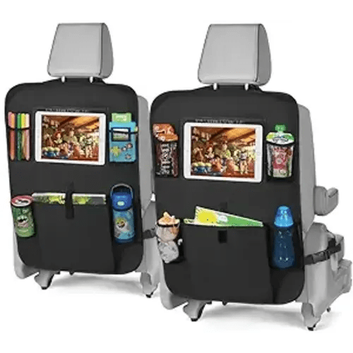 lebogner Back Seat Cover For Kids + 5 Pocket Storage Organizer, 2 Pack X-Large Kick Mats Backseat Protector With iPad Tablet Holder, Car Seat Back Protectors For Vehicles To Protect From Dirt & Mud - Kick Mats + 5 Pockets With Tablet Holder - black