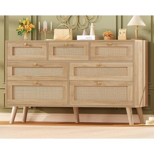 TEENFON Dresser for Bedroom, 47.2''Wide 7 Drawer Rattan Dresser, Wood Dressers TV Stand, Boho Dressers & Chests of Drawers for Bedroom, Entryway, Natural