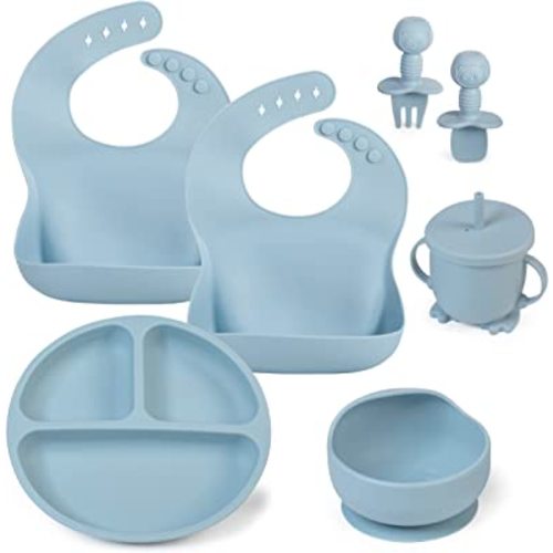 DUTCH 25 Baby Led Weaning - with bibs,divided,plate,bowl, sippy cup fork and spoon. Baby dishes- Silicone utensils for developmental milestones in self-feeding.