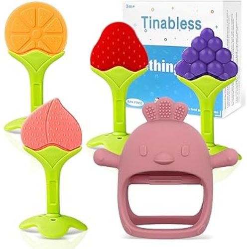 Baby Teething Toys (5 Pack) - Tinabless Infant Teething Keys&Silicone Teething Mitten Set for Babies Over 3 Months, Anti Dropping Baby Chew Toys for Sucking Needs, BPA Free(Coral Red)