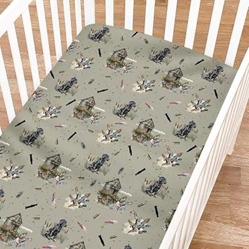 Wild Duck Hunting Hunter Fitted Baby Crib Sheet for Boys Girls 52"x28" Mallard Ducks Reed Dogs Soft Breathable Stretchy Baby Sheets Fits Standard Crib and Toddler Mattress Crib Mattress Covers