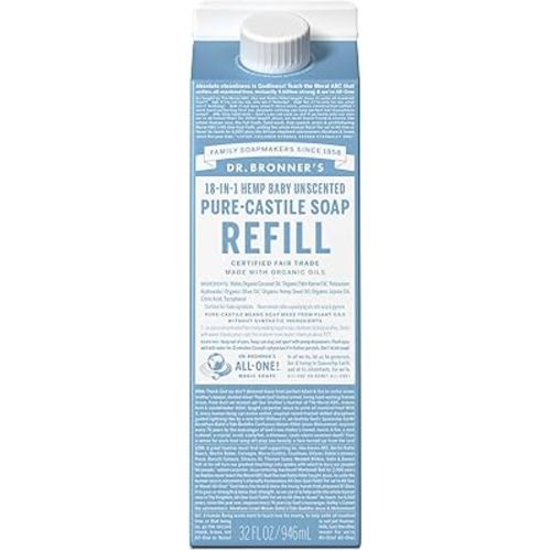 Dr. Bronner’s - Pure-Castile Liquid Soap Refill, 82% Less Plastic per Quart, Made with Organic Oils, 18-in-1 Uses, For Face, Body, Hand Soap Refill, Hair, Laundry, Pets & Dishes (32oz, Baby Unscented)