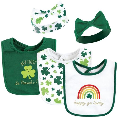 Hudson Baby Infant Girl Cotton Bib And Headband Or Caps Set, St Patricks Rainbow, 0-9 Months
