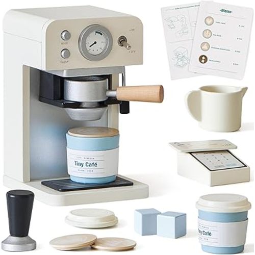 Tiny Land Kids Wooden Coffee Maker Playset – Pretend Play Espresso Machine with POS Machine and Toy Bank Card, Barista Role Play Café Set, Montessori Kitchen Toy for Boys & Girls