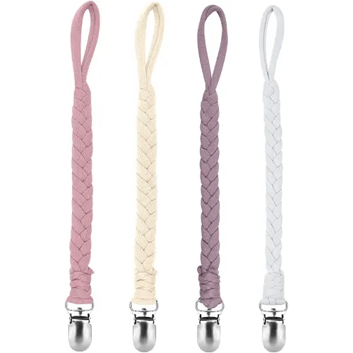 Pacifier Clip Holder for Boy and Girl Unisex Design Universal Handmade Braided Rope Paci Clip Easy to Use 4 Pack(Purple)
