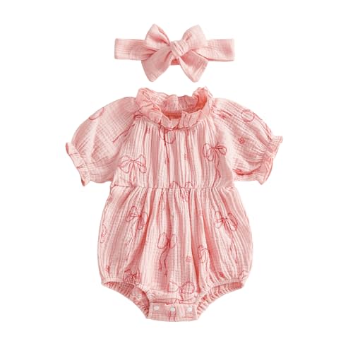 mlpeerw Newborn Baby Girl Clothes Bow Print Smocked Bubble Romper Cotton Linen Ruffle Onesie + Headband Cute Summer Clothes