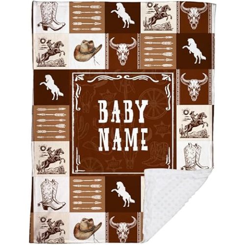 Personalized Name Minky Baby Blankets for Boys, Western Baby Stuff, Soft Plush Receiving Minky Blanket Double Layer with Dotted Backing for Infant Toddler Crib, Western Nursery Decorations (01)