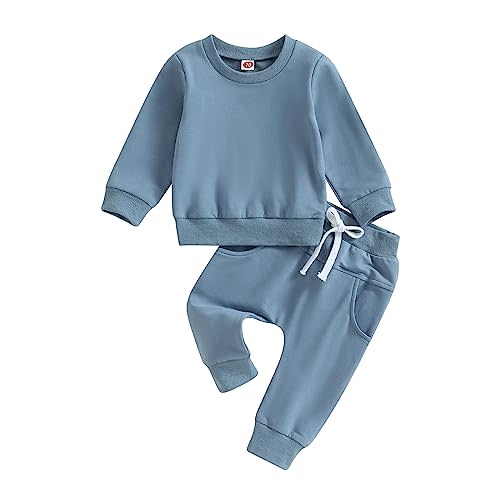 Thorn Tree Toddler Baby Boys Fall Outfits Long Sleeve Pull On Sweatshirt Elastic Waist Pants 2Pcs Solid Clothes Set