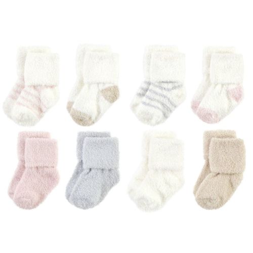 Hudson Baby Infant Girl Cozy Chenille Newborn and Terry Socks, Pink Neutral Stripe, 0-6 Months