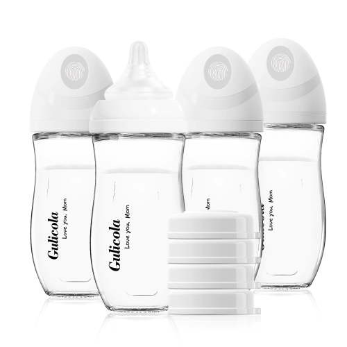 Gulicola Natural Glass Baby Bottle set 8 oz for Breastfed infant, Anti-Colic，Ink free, Medium Flow Nipple, 3 Months +, 4 Pack