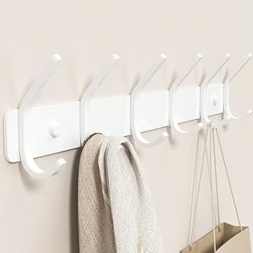 Coat Rack Wall Mount Hooks - 15 Inch Matte White Metal 6-Hook Organizer Wall Mounted, Modern Kids Room, Entryway & Bathroom Hanger for Beach Towels, Coats, Purses, Bags (1 Pack)