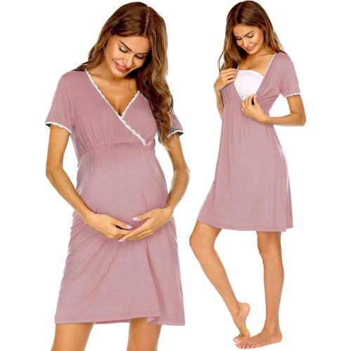 Ekouaer Nursing Nightgown Delivery and Labor Gown for Hospital Short Sleeve Maternity Breastfeeding Dress