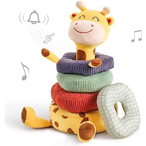 TUMAMA Plush Stacking Rattles Baby Toy Giraffe Stacks of Circles STEM Montessori Toy Baby Shower Deer Woodland Stuffed Animals Gift for 3 6 9 12 18 Months 1 Year Olds Infant Toddler Boy Girl