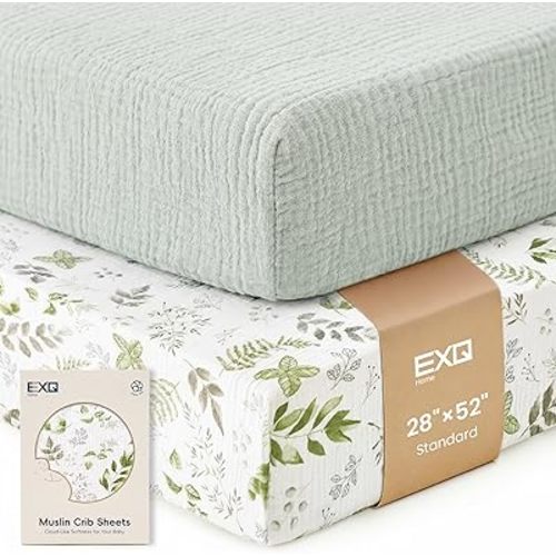 EXQ Home Muslin Crib Sheets for Boy Girl, 2 PCS Breathable Cotton Fitted Crib Sheet for Standard Crib Mattress, 52"x28", Green Leaves