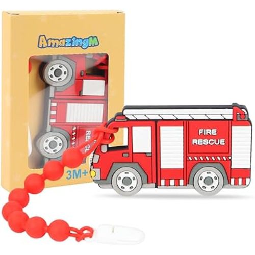 Baby Food Grade Silicone Carrier Vehicle Teether Toy with One Piece Design Pacifier Clip Holder,Teething Pain Relief Toys Gift Set for 3 Months+ Boys and Girls,Freezer Safe,BPA Free. (Fire Truck)