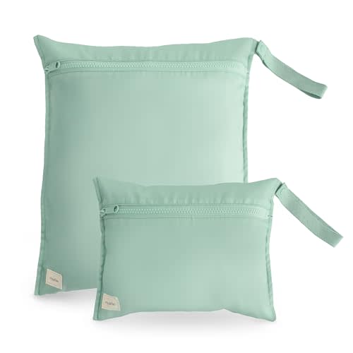 mushie Water Resistant Wet Bags | Large & Small Reusable Storage Bag for Baby Items and Travel | Zippered Pockets with Handle | Machine Washable, Set of 2 (Roman Green)