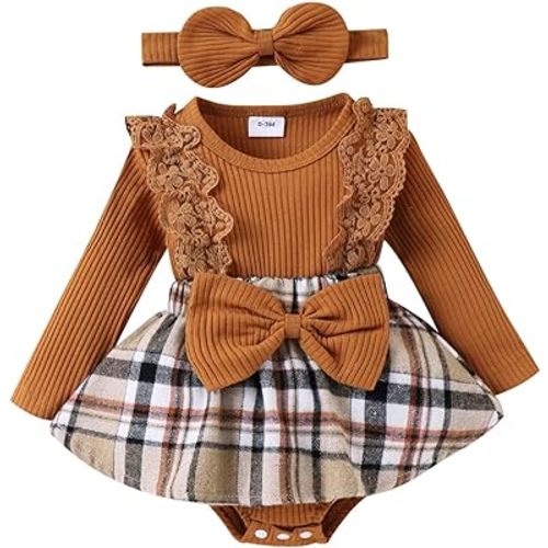 KAFIREN Baby Girl Clothes Fall Winter Outfit Plaid Romper Long Sleeve Dress Lace Ruffles Bodysuit with Bow Headband