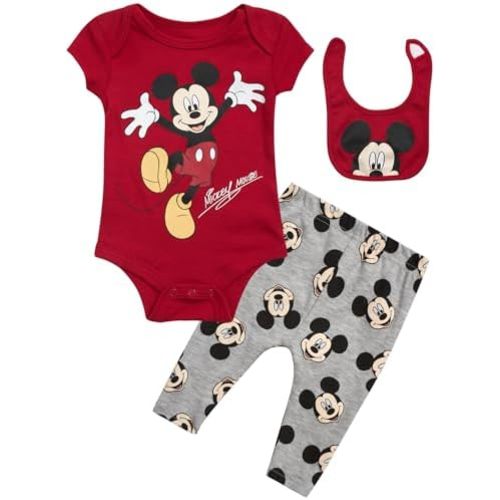 Disney Baby Boys' Outfit Set - 3 Piece Newborn Essentials Gift Set with Bodysuit, Pants, and Bibs (Infant Sizes:0-9M)