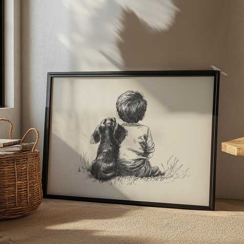 Nursery Boy and a Dachshund Print, Dog Vintage Poster, Retro Painting, Farmhouse Wall Decor, Country Wall Art, Pet Drawing, Puppy Wall Art