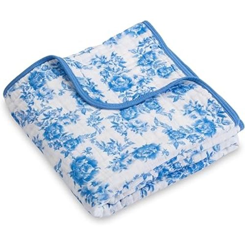 LollyBanks Muslin Baby Blanket 100% Cotton, Muslin Quilt Lightweight, Muslin Blanket for Girls, 6 Layers Baby Blankets 47"x 47", Soft Nursery Receiving Blankets, Newborn Essentials (Blue Peony Print)