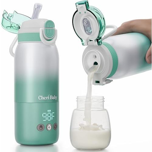 CheriBaby Portable Bottle Warmer for Travel – Dual Heating Modes for Breast Milk & Water, Portable Milk Warmer On-The-Go, Extra Straw Lid, Super Fast Charging, Long Battery Life, 12 Ounces