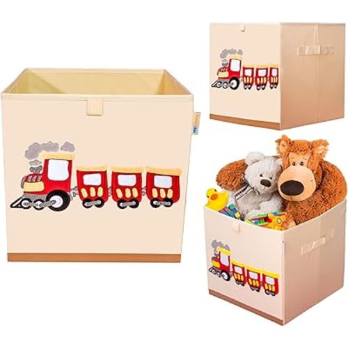 Washable Toy Box Storage Cube, Canvas Toy Chest Organizer Foldable Kids Toy Storage Organizers for Child's Bedroom or Playroom -13x13x13 Inch (Train)