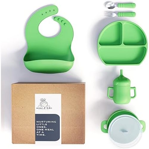 mimi & kiki BPA-Free Silicone Baby Feeding Set, Baby Plates and Bowls Set, Baby Led Weaning Supplies, Silicone Suction Plate, Baby Utensils, Bib and Cup, Self Feeding, Dishwasher Safe (Green)