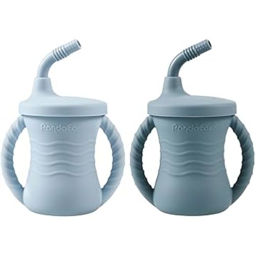 PandaEar Silicone Training Cup, 2 Pack Baby Drinking Sippy Cups with Handles & Straw for Baby and Toddler 6 Months+ (Dark Blue/Light Blue)