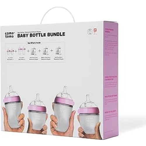 Comotomo Baby Bottle Bundle, Pink, (7 Piece Set)