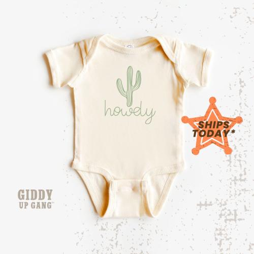 Vintage Western Bodysuit, Howdy with Cactus Natural Onesies® Brand, Birth Announcement