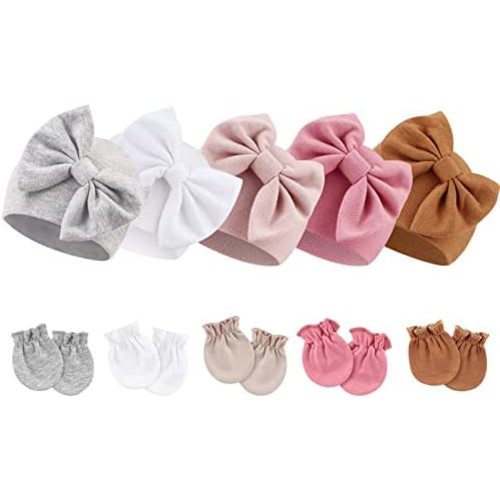 BQUBO Newborn Baby Girls Hats Mittens Set Hospital Hat Beanie Infant Bow Hats Baby Cotton Gloves No Scratch Mittens