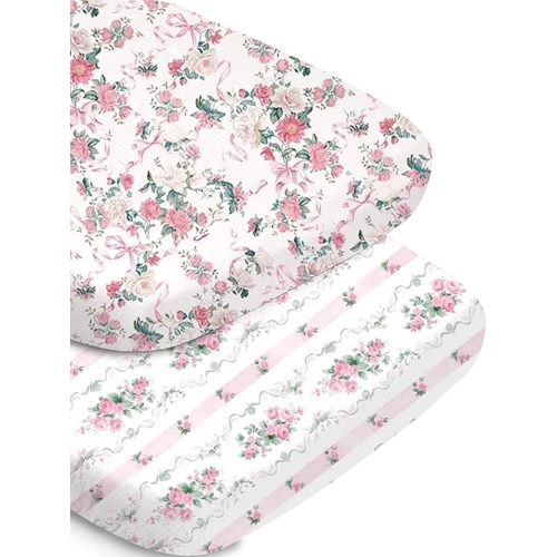 Bassinet Fitted Sheet Set - Pink Roses Pattern, Soft and Breathable, Universal Fit for Baby Girls, Compatible with Halo, Mika Micky, Baby Delight, and More