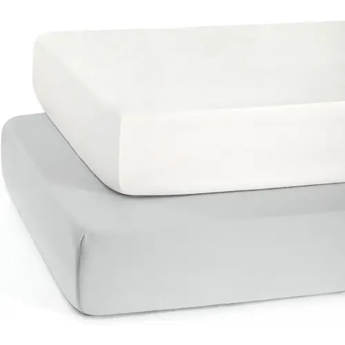 TILLYOU Baby Crib Sheets for Boys Girls, Fitted Crib Sheet 2 Pack for Standard Crib and Toddler Mattresses, Super Soft Toddler Bed Sheets, 28"x52"x8", White & Gray