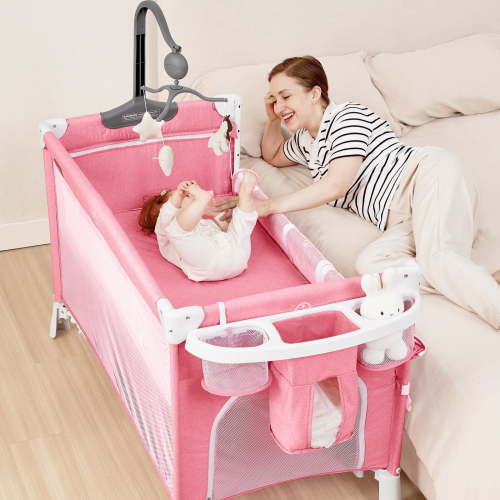 ANGELBLISS 5 in 1 Pack and Play with Diaper Changer Portable Playard with bassinet (Pink)