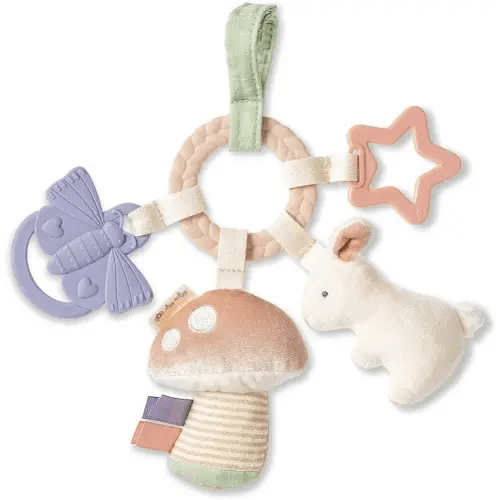 Itzy Ritzy Teething Activity Toy - Bitzy Busy Ring Infant Teething Toy Features Braided Ring & Dangling Toys, Includes Teether, Textured Ribbons, Crinkle Sound & Jingle Bell - 0 Months & Up (Bunny)