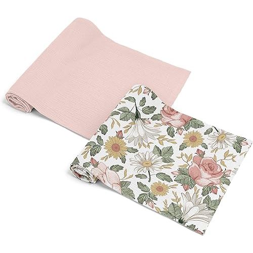 Sweet Jojo Designs 2-Piece Baby Muslin Swaddle Blanket Set (Boho Vintage Floral) for Girls, Infant Nursery, Lightweight Cotton Blanket for Newborns (Shabby Chic Farmhouse, Rose, Daisy, Bohemian, Sage)