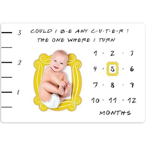 Friends Baby Milestone Blanket, TV Show Merchandise Gift for Baby Shower, Newborn Essentials Photo Props for Age and Growth, Yellow Frame Included, 50'' X 60''