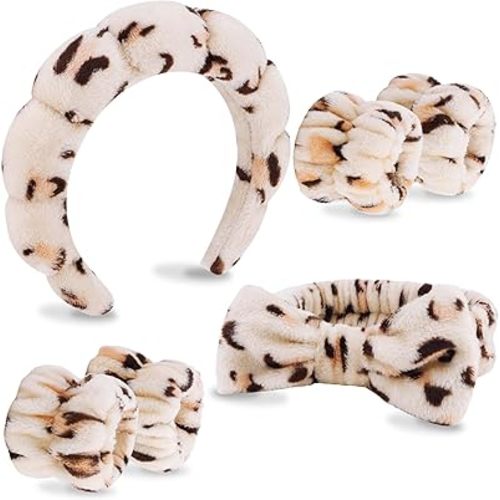 VELSCRUN 6 Pack Spa Headband, Makeup Headband, Face Wash Headbands, Skincare Headbands, Leopard Sponge Hair Band Bow Tie Spa Head Band for Washing Face Wristband Set Hair Accessories for Women Gifts