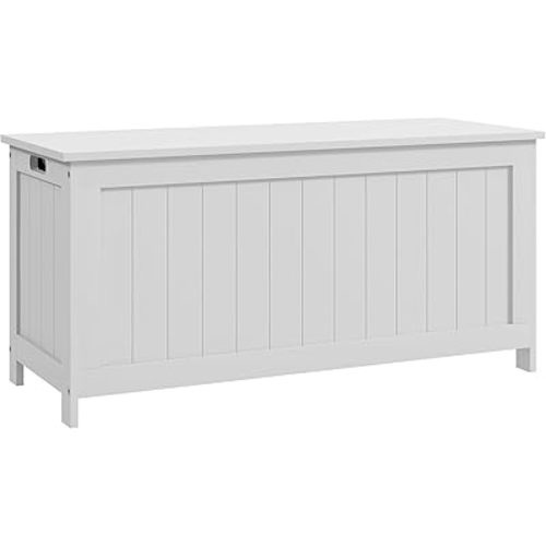HOMCOM Storage Bench, Storage Chest with 2 Safety Hinges and Cut-out Handles, Modern Wooden Trunk for Living Room, Entryway, 39.4" x 15.7" x 18.9", White