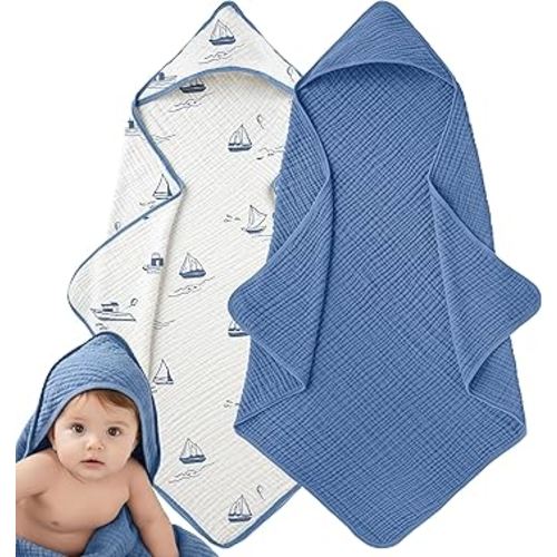 Muslin Hooded Baby Towels for Newborns, 32"x32", 100% Cotton – 6 Layers Super Soft Absorbent Breathable, Baby Bath Towel, Toddler Bath Towel – Pack of 2